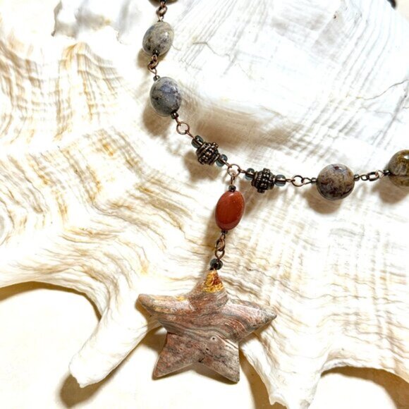 Natural Earthy Agate Star Pendant Long Necklace, Genuine Gemstone + Copper Links - Picture 5 of 16